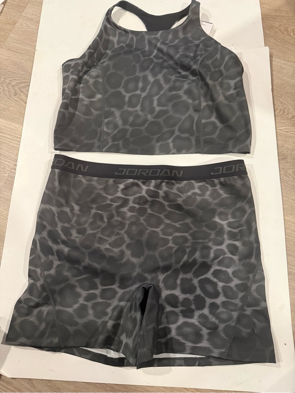 Jordan black and Grey dri fit Leopard-Print Athletic Crop Top &  Shorts Set